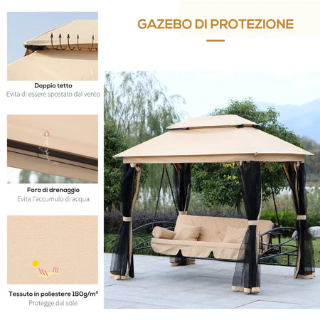 Dondolo da Giardino 3 Posti Lettino e Gazebo Design 3 in 1 con Tettuccio, 256x172x248cm, Beige 84A-056