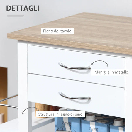 Carrello da Cucina con Ruote, Mobile da Cucina Salvaspazio in Legno Massiccio: 3 Cassetti, 3 Cestelli, 2 Portaspezie, 2 Ripiani, 92x37x82 cm UY5801-158UY5