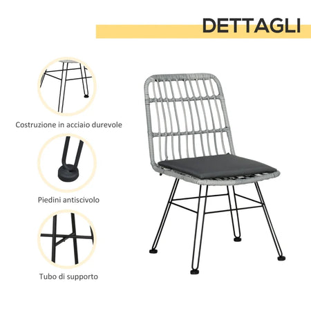 Set Mobili da Giardino 3 Pezzi con Tavolino e Sedie in Rattan PE, Poilestere e Acciaio per Esterni, Grigio 863-087GY