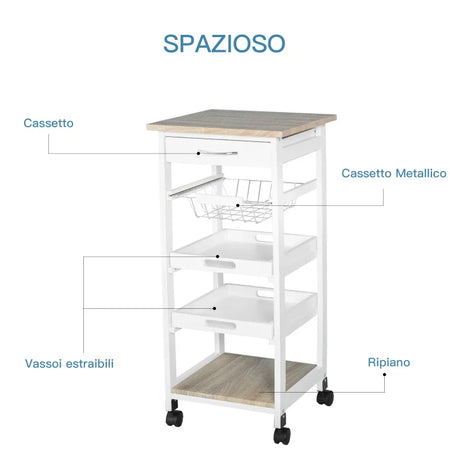 Carrello da Cucina Salvaspazio in Legno Bianco con 4 Ruote 37x37x82cm UH3801-152WTUH3