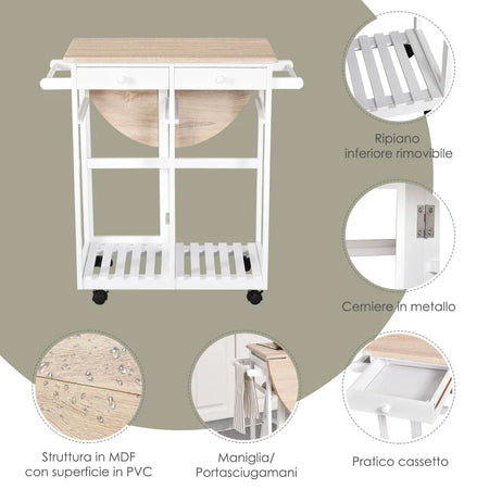 Carrello da Cucina Pieghevole, Mobile da Cucina Salvaspazio con 2 Sgabelli 2 Cassetti 5 Ruote (Rotazione 360°), Legno MDF Bianco MN2801-117MN2