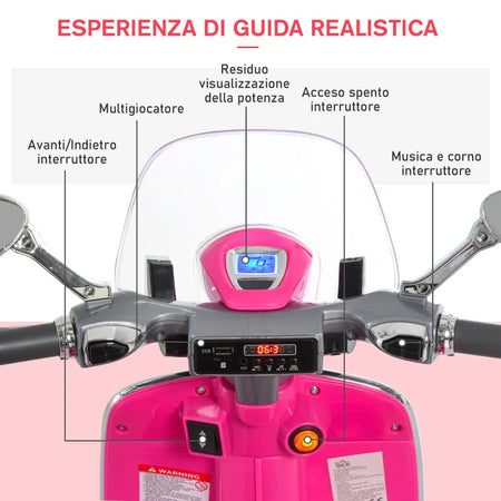Moto Elettrica per Bambini con Licenza Ufficiale Vespa, 2 Rotelle, Luci e Suoni, 108x49x75 cm, Rosa JN9370-115PKJN9