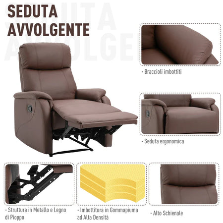 Poltrona Relax Manuale con Schienale Reclinabile 145° e Poggiapiedi in Pelle PU Marrone, 76x91x106cm YT6833-840YT6