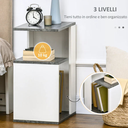 Comodino con Ripiano Aperto in Truciolato dal Design Irregolare, 35x29.5x60 cm, Grigio e Bianco DR6831-569WTDR6