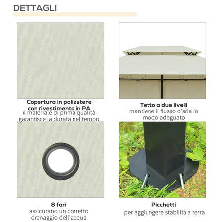 Gazebo da Giardino 3x4 m con Tende e Tetto a 2 Livelli Bianco Crema 01-0154