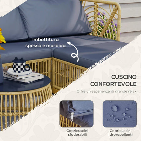 Set Salotto in Rattan da Giardino con Divano Modulabile, Cuscini e Tavolino da Caffè, Grigio 860-325V00GY