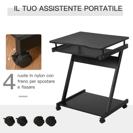 Scrivania per Computer Porta PC Classico e Salvaspazio, Scrivania per cameretta con Piano Tastiera a Scomparsa, 4 Ruote e Ripiano Inferiore Nero 60x48x73cm QS2836-293BKQS2