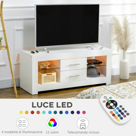 Mobile Porta TV  con Luci LED e Telecomando Legno e Vetro 120x40x51cm Bianco laccato F839-531V92WTA , soggiorno salotto nero marrone alto basso grigio cassetti design da terra parete grande tavolino ingresso moderno muro parete attrezzata sala
