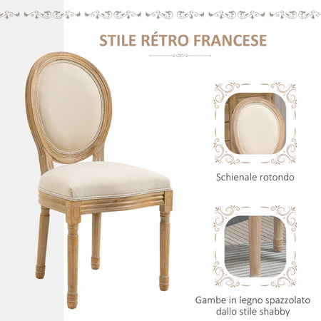 Set 2 Sedie Imbottite da Pranzo, Sedie per Soggiorno Stile Vintage Rétro in Legno e Tessuto Effetto Lino Bianco Panna 49x56x96cm FR6835-524CWFR6