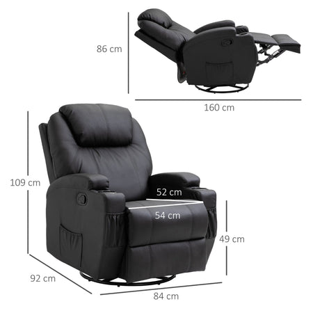 F700-029V03BKA Poltrona Relax Massaggiante con 8 Punti, 5 Modalità e 2 Intensità, Reclinabile con Poggiapiedi e Girevole, 84x92x109cm, Nero