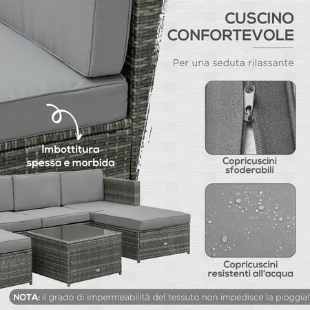 Set da 7 Pezzi Salotto da Esterni in Rattan con Poltrona Pouf Tavolino Grigio 860-002V01