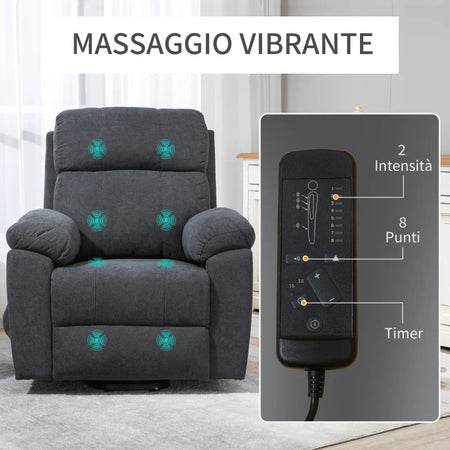 Poltrona Alzapersona Reclinabile fino a 135° con 8 Punti Massaggianti, Telecomando e Poggiapiedi 85x94.5x103 WE4713-097WE4
