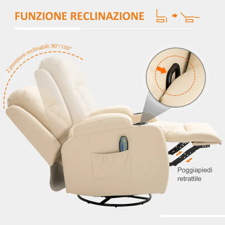 Poltrona Massaggiante a 8 Punti Reclinabile con Portabicchieri e Telecomando, 85x94x104 cm, Beige SD6700-050V92CWSD6