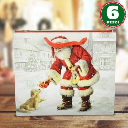 6-Buste-Da-Regalo-Stampa-Babbo-Natale-Classico-Con-Manici-Rossi-31x26x12cm