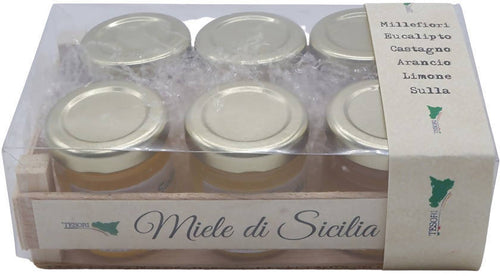 6 Mieli di Sicilia Assortiti 50gr. Cad. 1 Miele al Limone +1 Miele Arancio +1 Eucalipto +1 Sulla +1Miele Millefiori +1 Castagno Cassetta di Legno Mieli 100% Italiani prodotti in Italia Mieli Tesori Di Sicilia - Nicosia, Commerciovirtuoso.it