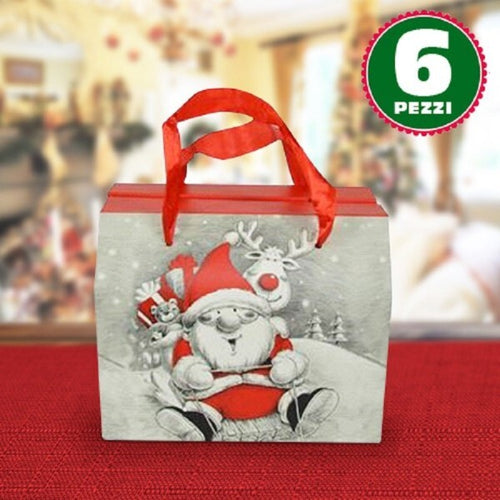 6-Scatole-Da-Regalo-Stampa-Babbo-Natale-Moderno-Manici-Tessuto-Rossi-16x13x19cm