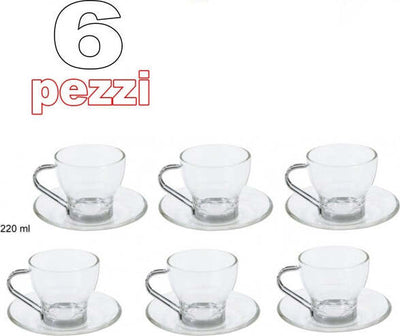 6 Tazza Da Cappuccino Tisana Caffe' In Vetro Con Manico Acciaio Con Piattino Casa e cucina/Stoviglie/Piatti ciotole e vassoi/Tazze e piattini/Tazze da cappuccino Trade Shop italia - Napoli, Commerciovirtuoso.it
