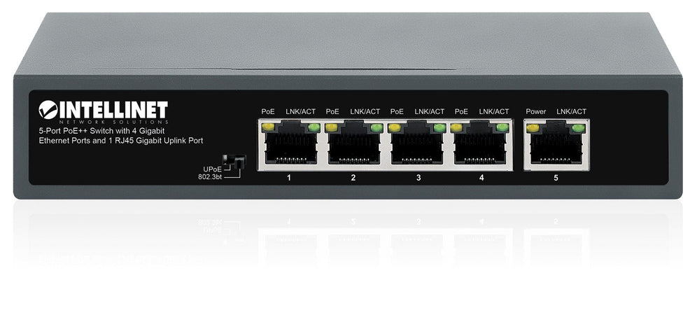 Switch 5 porte PoE++ con 4 porte Gigabit e una porta RJ45 Gigabit Uplink