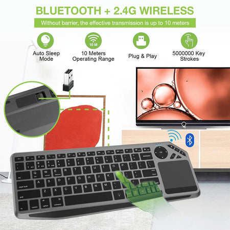 Tastiera Wireless Dual Mode Bluetooth & 2.4G per Smart TV Retroilluminata con Touchpad