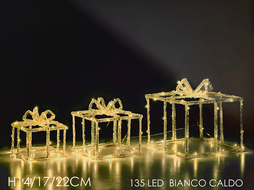 Set 3 Pacchi Regalo H14cm - 17cm - 22cm Luminosi con 135 Led