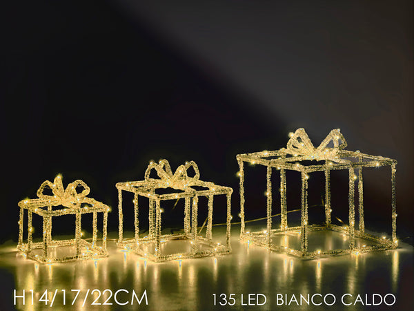 Set 3 Pacchi Regalo H14cm - 17cm - 22cm Luminosi con 135 Led