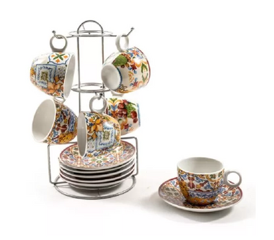 M HOME - SET 6 TAZZINE IN PORCELLANA CON PIATTINO E SUPPORTO IN ACCIAIO