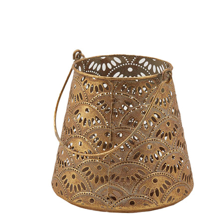 Lanterna decorativa in metallo foglie oro con manico vasetto in vetro