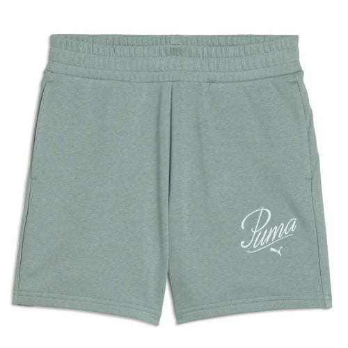 PUMA Ess Script High-Waist Shorts 5, Pantaloncini Lavorati a Maglia Donna, Green Moon