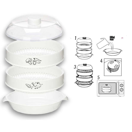 Vaporiera per Microonde 2.4lt Ideale per Cucinare Carne Pesce Verdure 2Livelli