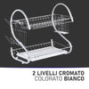 Scolapiatti 2 Livelli Metallo Cromato Vassoio bianco per Piatti Bicchieri Posate
