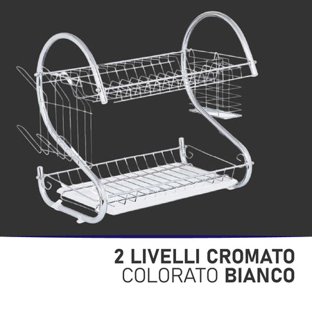 Scolapiatti 2 Livelli Metallo Cromato Vassoio bianco per Piatti Bicchieri Posate