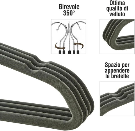 Grucce Vellutate 24pz Antiscivolo Salvaspazio, Gancio Girevole a 360° 42 cm