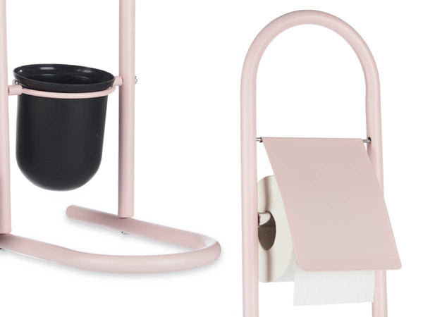 Piantana Portarotolo e Portascopino Metallo Verniciato e Bambù Salvaspazio Rosa