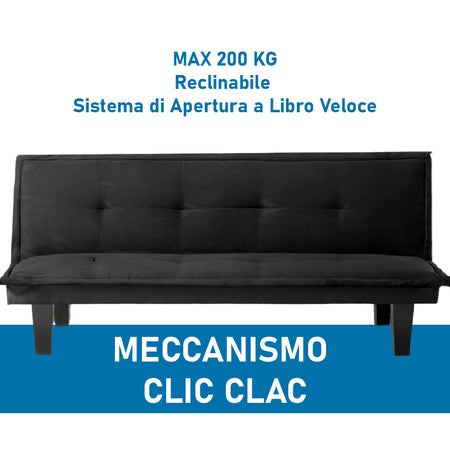 Divano Letto Reclinabile Clic Clac 160cm Tessuto Nero Moderno Apertura Veloce