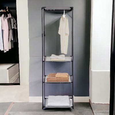 Armadietto Aperto con 3 Mensole  Barra Appendiabiti in Metallo, Salvaspazio