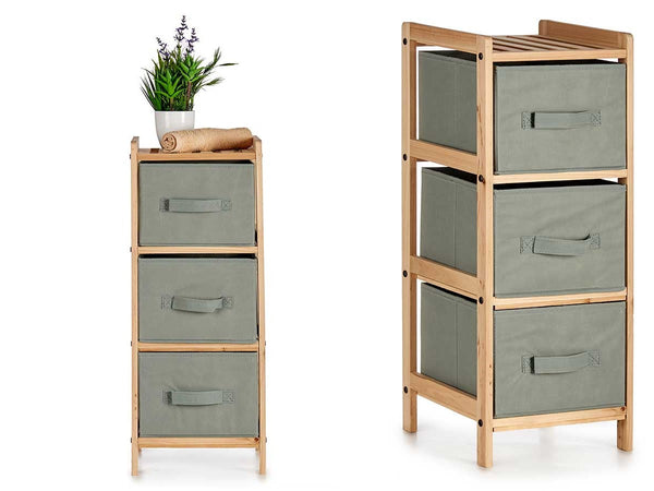 Mobile Cassettiera 3 Cassetti in Legno Naturale e Stoffa Colore Grigio H 70cm