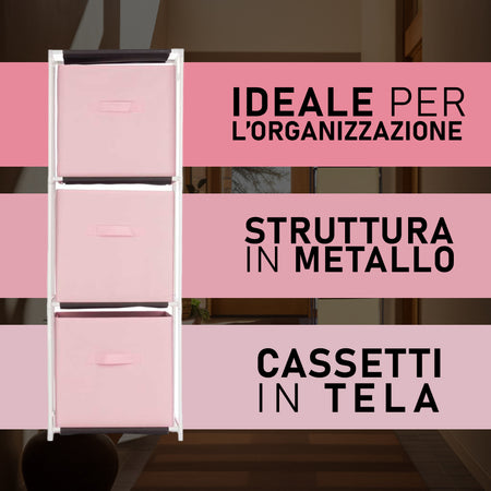 Cassettiera Multiuso in Metallo 3Cassetti in Stoffa 35x35 H 102cm Rosa Salvaspazio