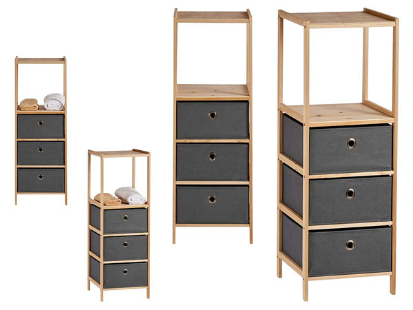 Mobile Cassettiera 2Mensole 3Cassetti Legno Naturale e Stoffa Grigio 32 x 26 H 89cm