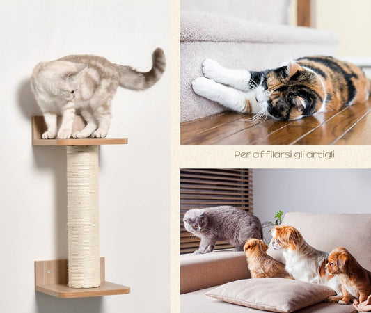 Tira graffi da Parete, Set 4 Pezzi con Amache, Colonna e Passerella in Legno (Marrone)