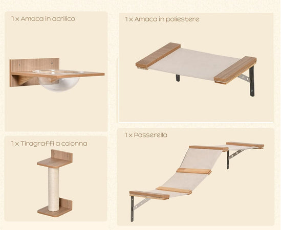 Tira graffi da Parete, Set 4 Pezzi con Amache, Colonna e Passerella in Legno (Marrone)