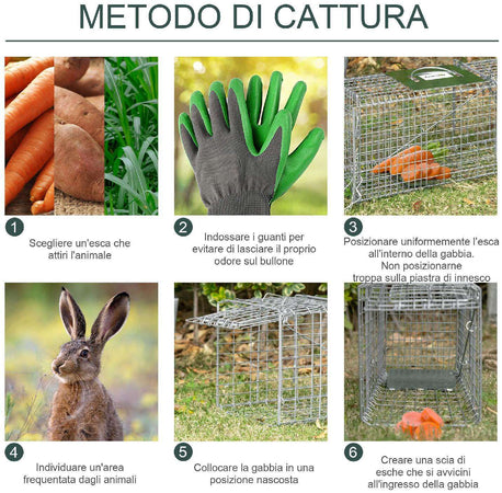 Gabbia Trappola Animali 81x26x34.5 cm Sistema a Molla in Acciaio Resistente