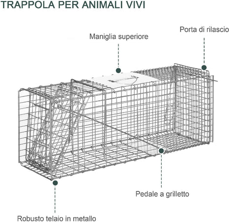 Gabbia Trappola Animali 81x26x34.5 cm Sistema a Molla in Acciaio Resistente