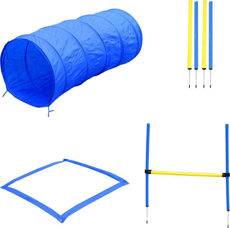 Gioco Cane con Tunnel Slalom e Ostacolo Set Agilità Sacca Trasporto Blu Giallo