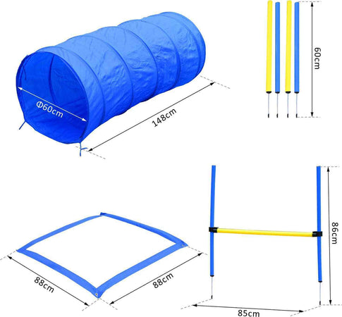 Gioco Cane con Tunnel Slalom e Ostacolo Set Agilità Sacca Trasporto Blu Giallo