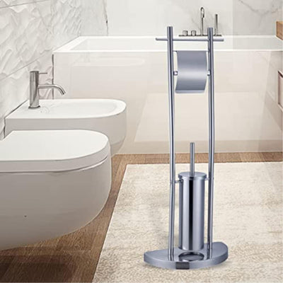 Piantana da Bagno Stilizata Porta rotolo Porta scopino Acciaio Cromo Salvaspazio