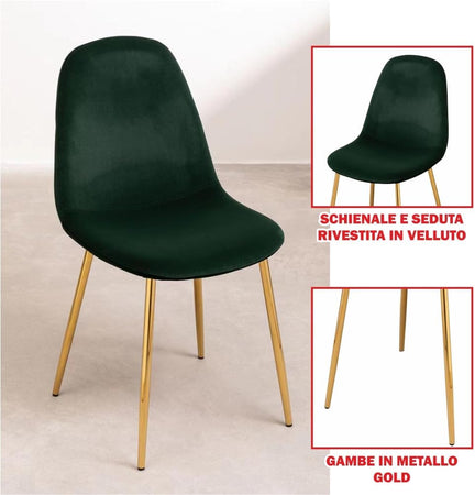 Sedia Poltrona in Velluto 4pz Sala da Pranzo Cucina Ristorante Gambe Metallo Oro Verde