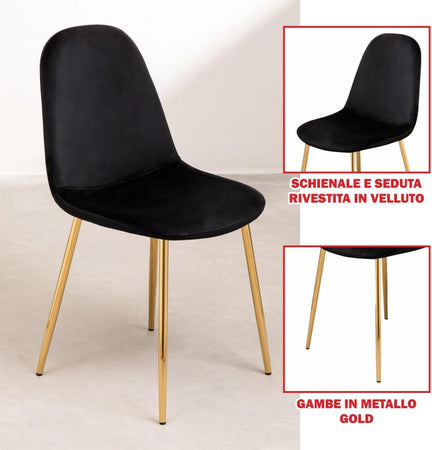 Sedia Poltrona in Velluto 4pz Sala da Pranzo Cucina Ristorante Gambe Metallo Oro Nero