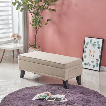 Pouf Cassapanca Panca Contenitore Poggiapiedi Rivestimento Tessuto Morbido Capiente Beige