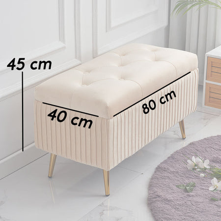 Cassapanca Pouf Contenitore Panca Sgabello in Tessuto Velluto 80x40 H45cm Beige