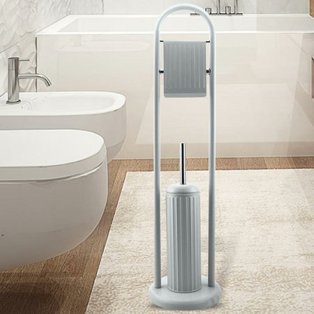 Piantana Porta Rotolo e Scopino Bagno Metallo Smaltato Verniciato Grigio